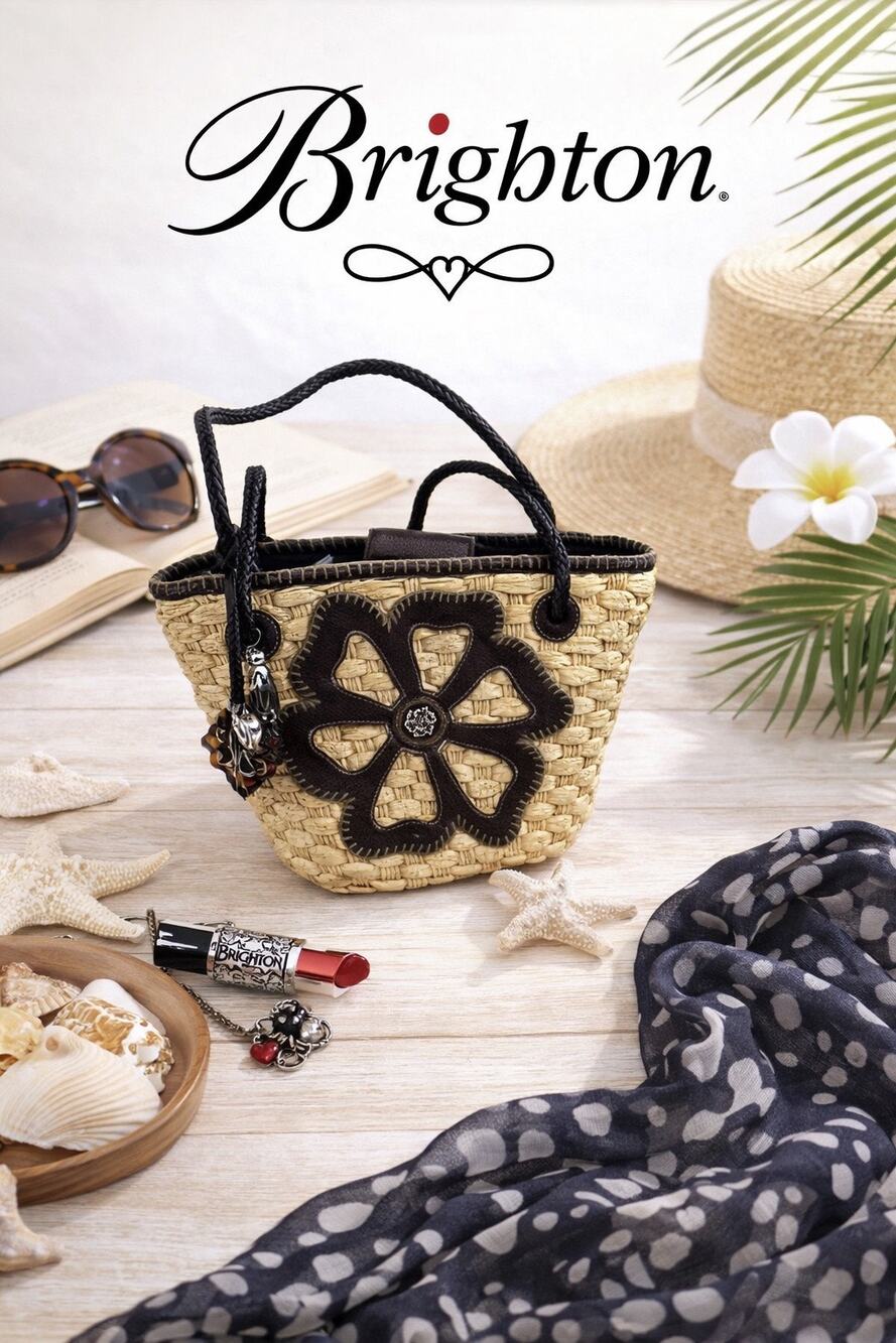 Brighton Shiloh Woven Straw Tote with Chocolate Leather Floral Cutout